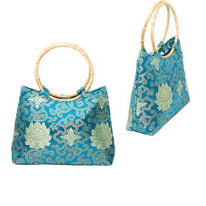 Handbag, rayon with bamboo handles, turquoise blue and green, 12-3/4 x ...