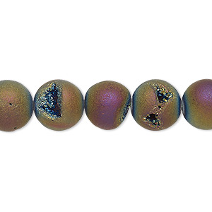 Bead, electroplated druzy agate (coated), matte rainbow, 10mm round, B- grade, Mohs hardness 6-1/2 to 7. Sold per 8-inch strand, approximately 20 beads.