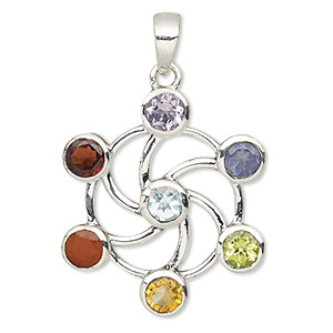 Pendant, multi-gemstone (natural / dyed / heated / irradiated) and sterling silver, 24.5x23mm single-sided round spiral. Sold individually.