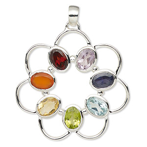 Pendant, multi-gemstone (natural / dyed / heated / irradiated) and sterling silver, 35mm single-sided open flower. Sold individually.