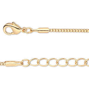 Chain, gold-finished brass, 1.5mm Venetian box, 18 inches with 1-inch extender chain and lobster claw clasp. Sold per pkg of 4.
