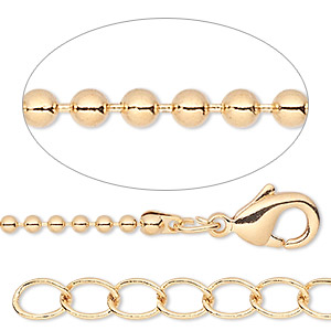 Chain, gold-finished brass, 1.5mm ball, 16 inches with 1-inch extender chain and lobster claw clasp. Sold per pkg of 4.