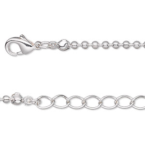 Chain, silver-plated brass, 2mm ball, 7-1/2 inches with 1-1/4 inch extender chain and lobster claw clasp. Sold per pkg of 6.