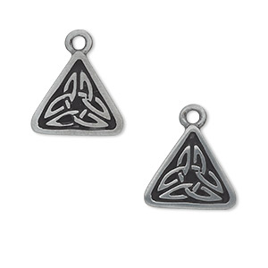 Drop, antiqued &quot;pewter&quot; (zinc-based alloy), 15x15x15mm triangle with Celtic knot. Sold per pkg of 2.