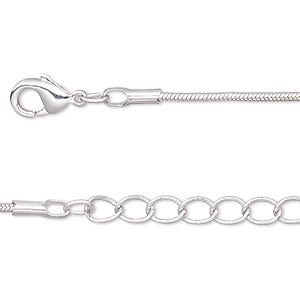 Chain, silver-plated brass, 1.5mm snake, 7-1/2 inches with 1-1/4 inch extender chain and lobster claw clasp. Sold per pkg of 6.