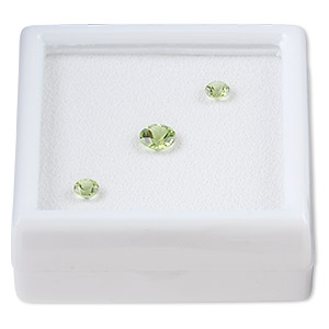 Gem, peridot (natural), (2) 4mm and (1) 6mm faceted round, A grade, Mohs 6-1/2 to 7. Sold per 3-piece set.
