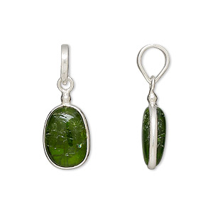 Pendant, chrome diopside (natural) and sterling silver, 14x10mm-17x10mm ...
