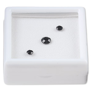 Gem, black onyx (dyed), (2) 4mm and (1) 6mm faceted round, A grade, Mohs hardness 6-1/2 to 7. Sold per 3-piece set.