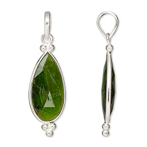 Pendant, chrome diopside (natural) and sterling silver, 23x12mm-28x13mm ...