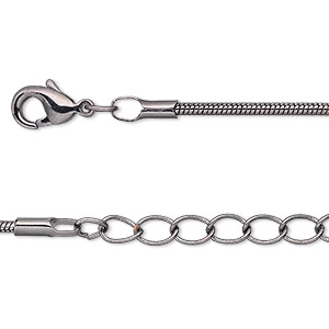 Chain, gunmetal-plated brass, 1.5mm snake, 18 inches with 1-inch extender chain and lobster claw clasp. Sold per pkg of 4.