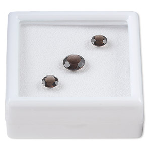 Gem, smoky quartz (heated / irradiated), (2) 6mm and (1) 8mm faceted round, A grade, Mohs hardness 7. Sold per pkg of 3.