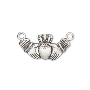 Connector, antiqued sterling silver, 23x12mm Claddagh. Sold individually.