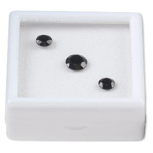 Gem, black onyx (dyed), (2) 6mm and (1) 8mm faceted round, A grade, Mohs hardness 6-1/2 to 7. Sold per 3-piece set.