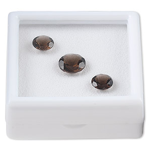 Gem, smoky quartz (heated / irradiated), (2) 8mm and (1) 10mm faceted round, A grade, Mohs hardness 7. Sold per pkg of 3.