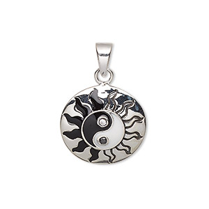 Pendant, antiqued sterling silver / cubic zirconia / enamel, black / white / clear, 18mm single-sided domed round with yin-yang and sun designs. Sold individually.