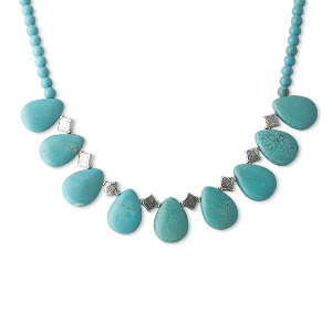 Necklace, magnesite (dyed / stabilized) and brass, blue, 6mm round / 10x10mm diamond / 24x18mm teardrop, 16 inches with 2-inch extender chain and lobster claw clasp. Sold individually.