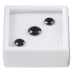 Gem, black onyx (dyed), dark, (2) 8mm and (1) 10mm faceted round, A grade, Mohs hardness 6-1/2 to 7. Sold per 3-piece set.