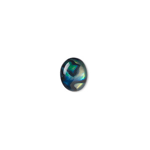 Cabochon, paua shell (coated / dyed), blue, 10x8mm calibrated oval, Mohs hardness 3-1/2. Sold per pkg of 6.