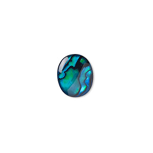Cabochon, paua shell (coated / dyed), blue, 12x10mm calibrated oval, Mohs hardness 3-1/2. Sold per pkg of 6.