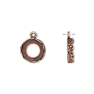 Drop, JBB Findings, antique copper-plated brass, 12mm round with open back and flower and leaf design trim, 10mm round bezel setting. Sold per pkg of 2.