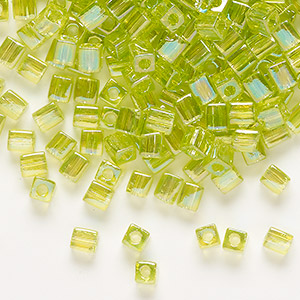 Seed bead, Miyuki, glass, transparent rainbow lime, (SB258), 3.5-3.7mm square. Sold per 25-gram pkg.