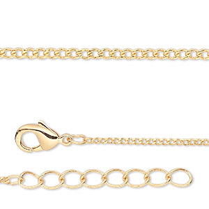 Chain, gold-finished brass, 1mm curb, 18 inches with 1-1/4 inch extender chain and lobster claw clasp. Sold per pkg of 4.