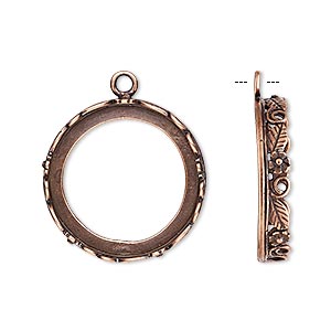 Drop, JBB Findings, antique copper-plated brass, 22mm round with open back and flower and leaf design trim, 20mm round bezel setting. Sold per pkg of 2.