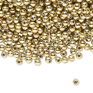 Bead, acrylic, shiny metallic gold, 3mm round. Sold per pkg of 4,500.
