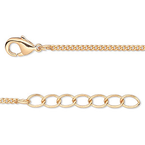 Chain, gold-finished brass, 1.5mm curb, 24 inches with 1-1/4 inch extender chain and lobster claw clasp. Sold per pkg of 2.