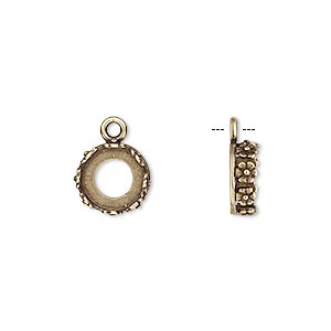 Drop, JBB Findings, antiqued brass, 10mm round with open back and flower design trim, 8mm round bezel setting. Sold per pkg of 2.