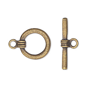 Clasp, toggle, antique brass-plated pewter (tin-based alloy), 16mm round with banded design. Sold per pkg of 2.