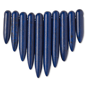 Focal, magnesite (dyed / stabilized), lapis blue, 20x5mm-39x5mm graduated spike fan, B grade, Mohs hardness 3-1/2 to 4. Sold per 10-piece set.