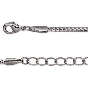 Chain, gunmetal-plated brass, 2mm curb, 7-1/2 inches with 1-1/4 inch extender chain and lobster claw clasp. Sold per pkg of 2.