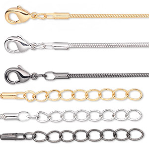 Chain, gold-finished / silver- / gunmetal-plated brass, 1mm snake, 6-1/2 inches with 1-1/4 inch extender chain and lobster claw clasp. Sold per pkg of 6.