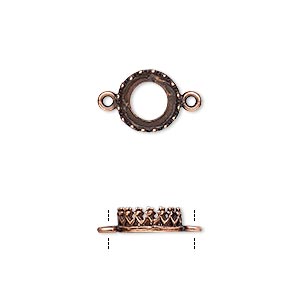 Link, JBB Findings, antique copper-plated brass, 9mm round with open back and decorative trim, 8mm round bezel setting. Sold per pkg of 2.