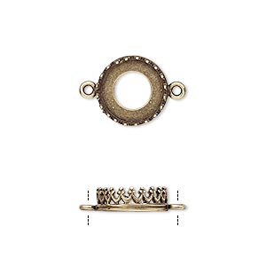 Link, JBB Findings, antiqued brass, 11.5mm round with open back and decorative trim, 10mm round bezel setting. Sold per pkg of 2.