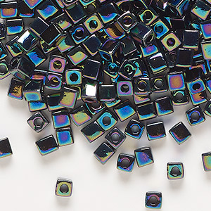 Seed bead, Miyuki, glass, opaque rainbow black, (SB401R), 3.5-3.7mm square. Sold per 25-gram pkg.