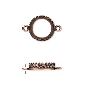 Link, JBB Findings, antique copper-plated brass, 13.5mm round with open back and decorative trim, 12mm round bezel setting. Sold per pkg of 2.