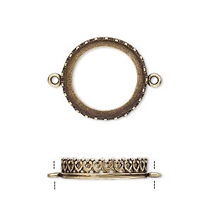 Link, JBB Findings, antiqued brass, 17.5mm round with open back and decorative trim, 16mm round bezel setting. Sold per pkg of 2.