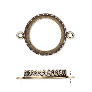 Link, JBB Findings, antiqued brass, 20.5mm round with open back and decorative trim, 18mm round bezel setting. Sold per pkg of 2.