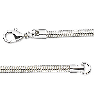 Chain, silver-plated brass, 3.2mm snake, 7-1/2 inches with lobster claw clasp. Sold individually.