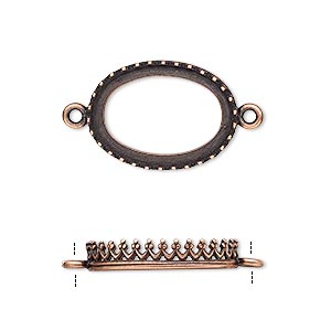 Link, JBB Findings, antique copper-plated brass, 20x14mm oval with open back and decorative trim, 18x13mm oval bezel setting. Sold per pkg of 2.