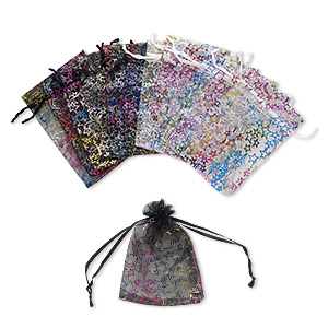Pouch, organza, black / white / multicolored, 5-1/2 x 4 inches with moon and star pattern with drawstring. Sold per pkg of 12.