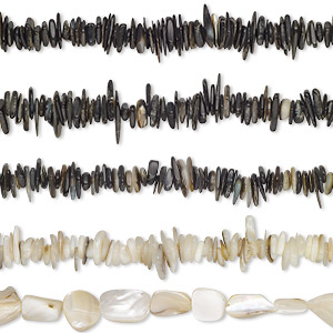 Bead mix, black lip shell / brown lip shell / gold lip shell / mother-of-pearl shell (natural), extra-large chip and mini to medium nugget, Mohs hardness 3-1/2. Sold per (5) 15&quot; to 16&quot; strands.