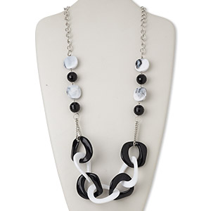Necklace, acrylic and silver-finished steel, white and black, donut, 33-inch continuous loop. Sold individually.