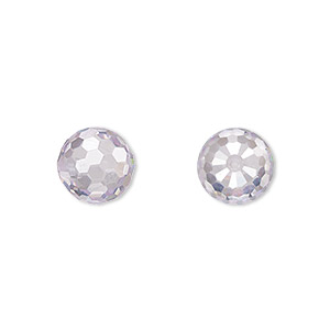 Bead, cubic zirconia, clear, 10mm half-drilled faceted round. Sold per pkg of 2.