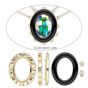 Mount, Miracle Mount&#153;, enamel and gold-finished &quot;pewter&quot; (zinc-based alloy), black, 39x32mm oval with 30x22mm oval setting. Sold per 18-piece set.