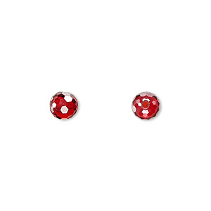 Bead, cubic zirconia, red, 6mm half-drilled faceted round. Sold per pkg of 2.