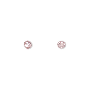 Bead, cubic zirconia, pink, 4mm half-drilled faceted round. Sold per pkg of 4.