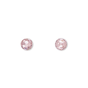Bead, cubic zirconia, pink, 6mm half-drilled faceted round. Sold per pkg of 2.